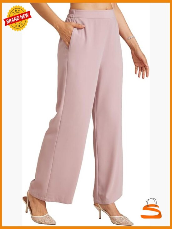 Pants - Wide Leg Palazzo Pants Elastic Waist Dressy Casual Work Slacks with Pockets